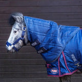 Blue quilted gallop ponie 50g stable neck cover navy with pink trim and double velcro straps and black brand patches
