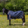 Navy blue gallop ponie xtra duraproof lightweight turnout rug with orange white trim reflective stripes and logo on side