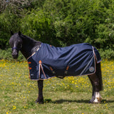Navy blue gallop ponie xtra duraproof 100g lightweight turnout rug with orange white trim reflective stripes and logo