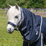 Navy blue gallop ponie xtra duraproof neck cover with white trim and purple straps lightweight horse blanket