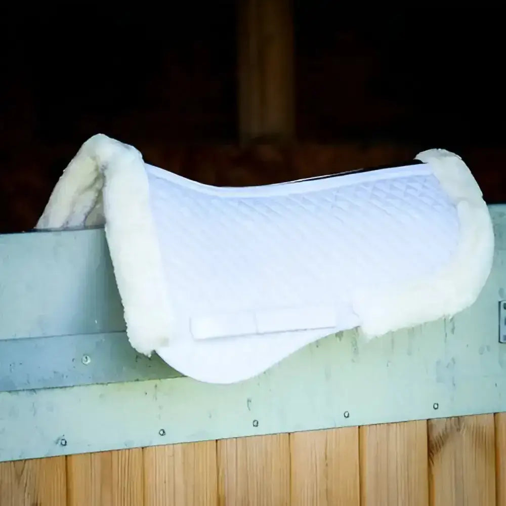 White sheepskin-lined quilted horse saddle pad in gallop prestige fully lined half saddle style