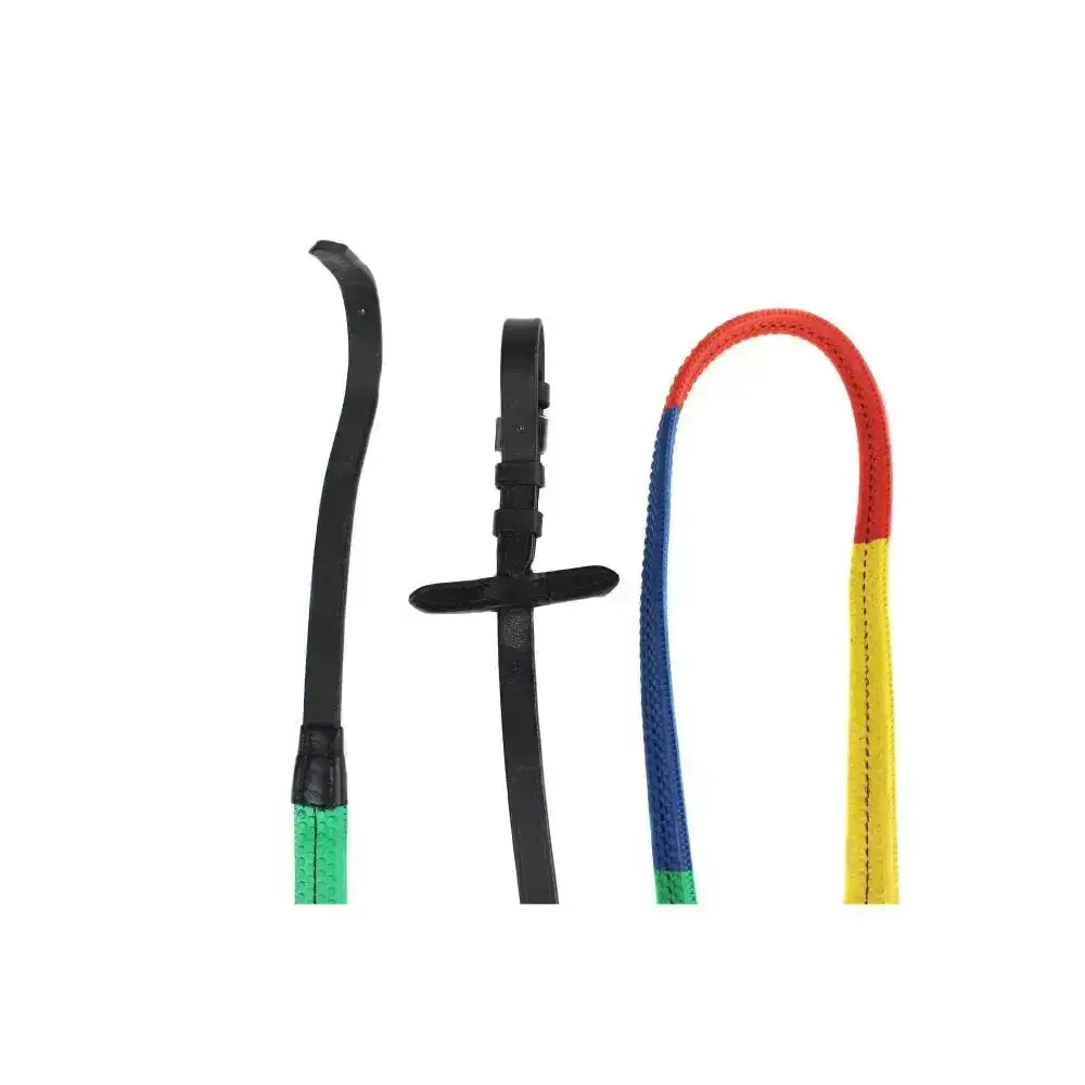 Three colorful gallop rainbow reins with rubber grips in black green and multicolor perfect for horse riding