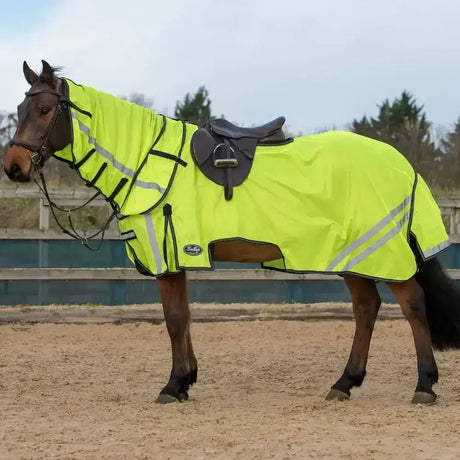Bright neon yellow gallop ride-on fly rug mesh with black trim and silver safety stripes for horse protection