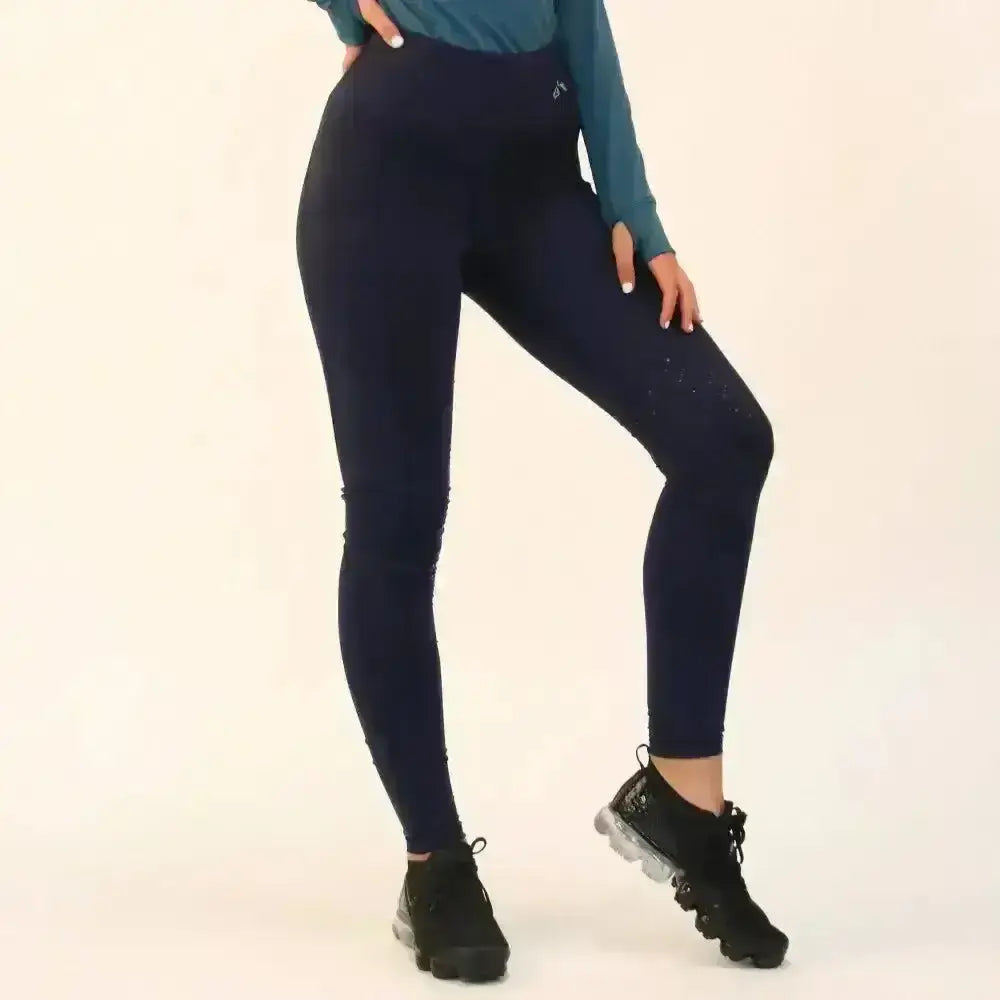 Navy blue gallop riding tights with pockets silicone knee and subtle glitter accents made from stretchy leggings boast fabric