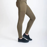 Olive green gallop riding stretchy leggings boast pockets silicone knee panels and perforated knee details