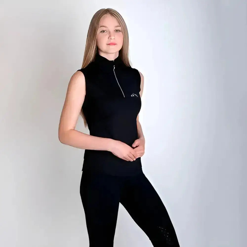 Black gallop sleeveless zipped neck base layer with silver zipper and subtle chest logo perfect for layering