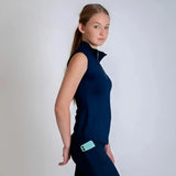 Navy gallop sleeveless zipped base layer with subtle texture and light teal phone pocket on side seam