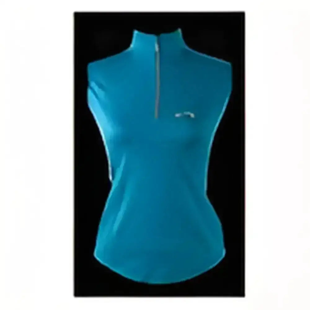A vibrant turquoise gallop sleeveless zipped neck base layer peacock with high collar and subtle logo on chest