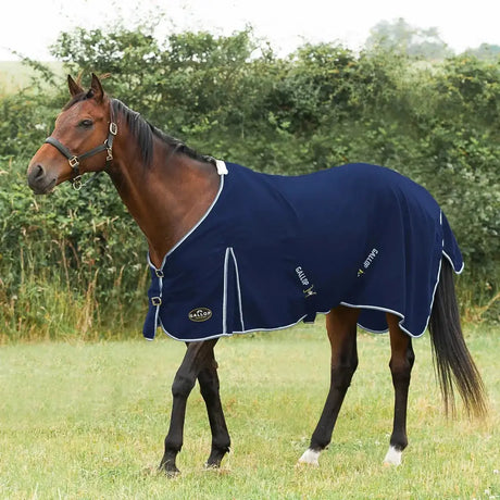 Navy blue gallop summer sheet with white trim and logo features extra deep fit for super handy gallop use