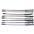 Set of seven colorful gallop synthetic riding crops with black plastic handles and textured grips in pink red blue purple and gray