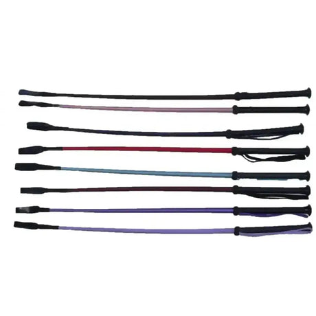 Set of seven colorful gallop synthetic riding crops with black plastic handles and textured grips in pink red blue purple and gray