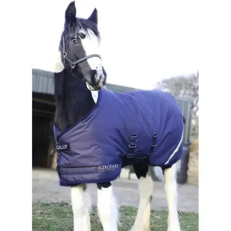 Navy blue insulated gallop trojan 200g flexi-foal turnout rug with black straps and white reflective stripes