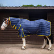 Navy blue quilted gallop trojan 200g stable rug combo navy with yellow trim and brand logos for horses