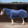 Navy blue quilted gallop trojan 300g combo stable rug with light blue trim and adjustable straps for horses