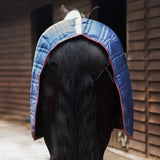 Blue quilted gallop trojan 50g stable rug lightweight with red trim and white strap neck cover