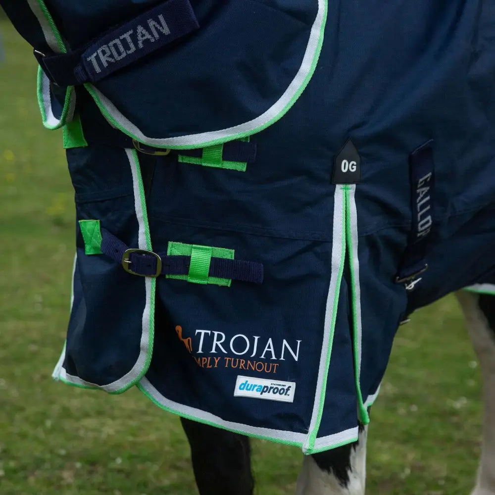 Dark blue gallop trojan duraproof lightweight turnout combo blanket with bright green trim and fixed neck straps
