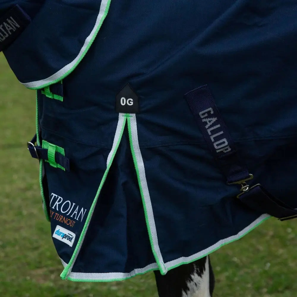 Dark navy gallop trojan duraproof lightweight turnout combo rug with bright green white trim and fixed neck strap