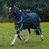 Navy blue waterproof gallop trojan duraproof lightweight turnout combo with fixed neck and white green trim trojan branding
