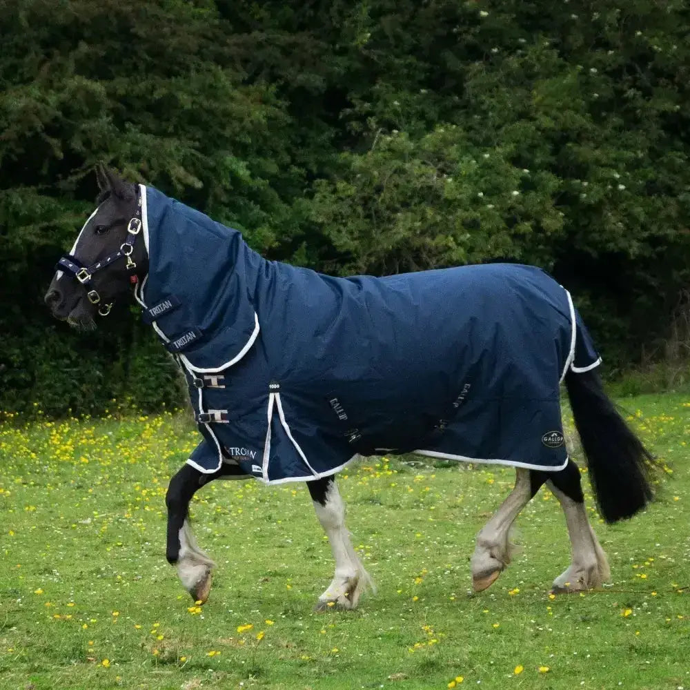 Navy blue gallop trojan duraproof 100g combo turnout rug with white trim and brand logos for lightweight use