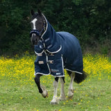Navy blue gallop trojan duraproof 100g combo turnout rug with white trim and buckles for lightweight protection