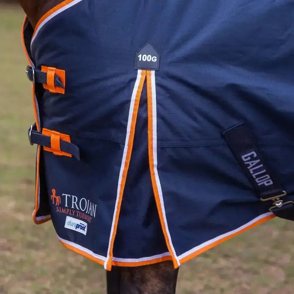 Navy blue gallop trojan duraproof lightweight neck turnout rug with orange white trim adjustable straps and 100g label