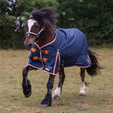 Navy blue gallop trojan neck turnout rugs with orange trim and buckles trojan duraproof lightweight 100g blanket