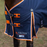 Navy blue gallop trojan duraproof lightweight neck turnout rug with orange white trim and adjustable buckles