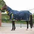 Navy blue and yellow gallop trojan duraproof 200g combo horse blanket with reflective trim and adjustable straps
