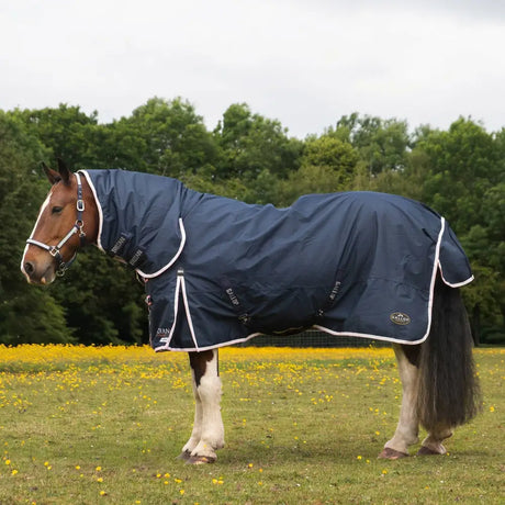 Navy blue gallop trojan duraproof 50g turnout combo rug with white trim and brand logos for horse protection