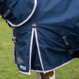Dark navy blue gallop trojan duraproof 50g turnout combo blanket with pink white trim and durable fabric