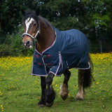 Navy blue gallop trojan duraproof 50g std neck turnout rug with red white trim and adjustable straps for secure fit