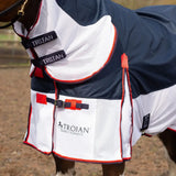 Navy and white gallop trojan fly rug with red trim and adjustable straps for fly rug turnout protection