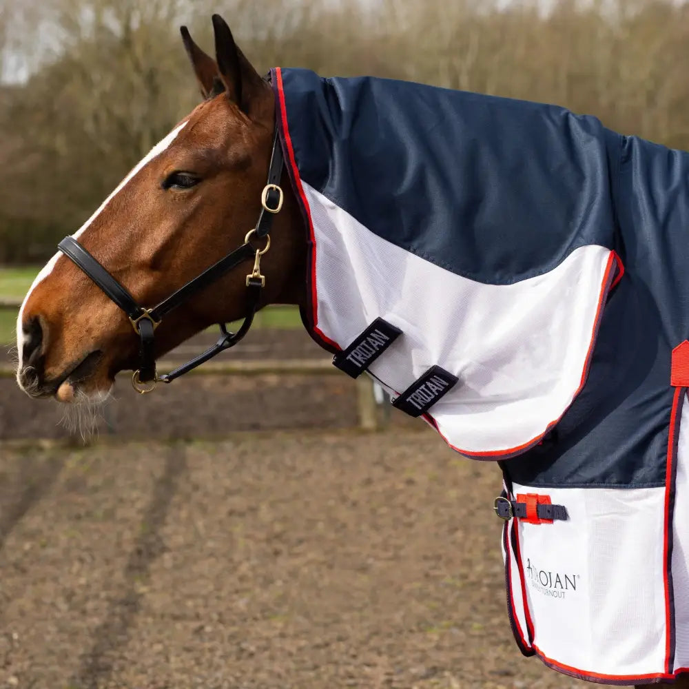 Navy and white gallop trojan fly waterproof fly rug turnout with red trim for horse protection