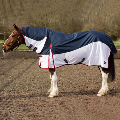 Navy and white gallop trojan fly waterproof fly rug turnout with red trim for protection and comfort