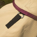 Beige canvas gallop trojan fly hat with burgundy herringbone trim and black velcro strap on silver ring
