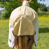Beige and white gallop trojan fly mask with purple trim for waterproof fly rug protection and comfort