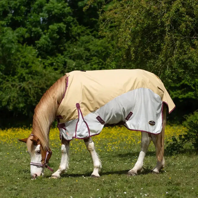 Beige and white two-tone gallop trojan fly waterproof fly rug with maroon trim designed for durable turnout use
