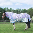 Lavender gallop trojan pegacorn dual fly rug with unicorn pattern blue trim and reflective silver panels