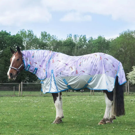 Lavender gallop trojan pegacorn dual fly rug with unicorn pattern blue trim and reflective silver panels
