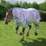 Lavender gallop trojan pegacorn dual fly rug with unicorn pattern blue trim and adjustable straps for horses