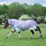 Lavender and white gallop trojan pegacorn dual fly rug with whimsical rainbow pattern blue trim and adjustable straps