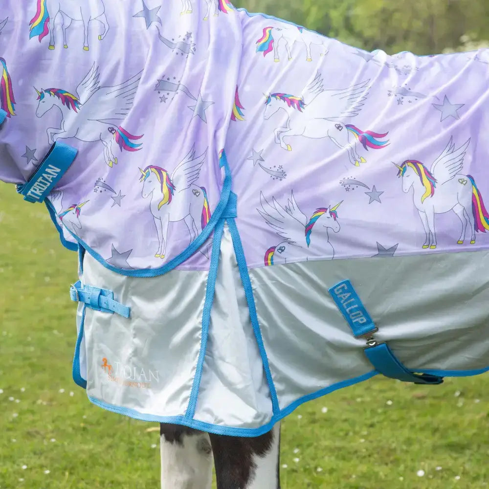 Purple and blue gallop trojan pegacorn dual fly rug with unicorn print silver stars shiny satin material by triton