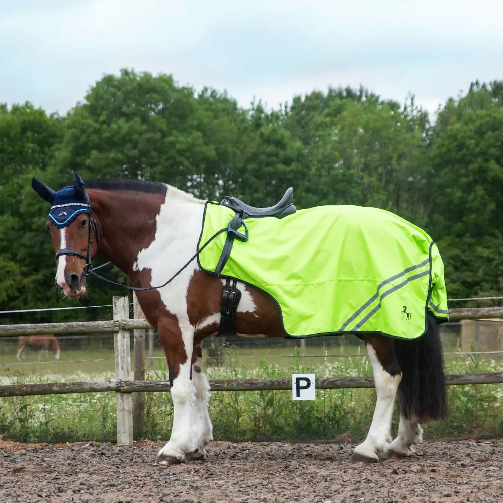 Bright neon green gallop trojan retro reflective waterproof exercise sheet with tail flap and black straps for equestrian use