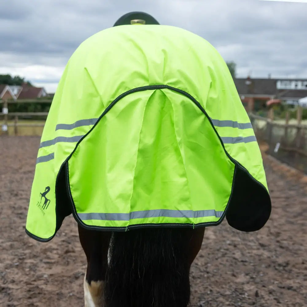 Bright lime green waterproof gallop trojan retro reflective exercise sheet with tail flap and reflective gray stripes for equestrian use