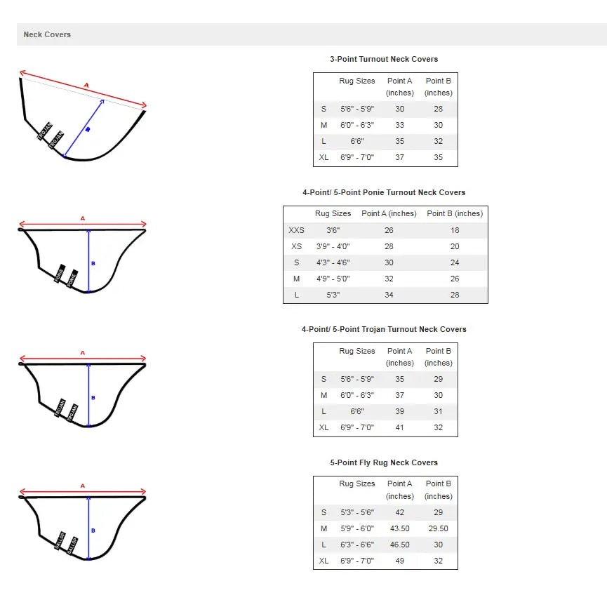 Technical diagram showing sizing and measurements for gallop trojan 50g stable neck cover with double velcro straps