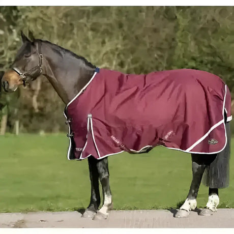 Maroon gallop trojan xtra lightweight standard neck turnout rug with white trim and logo on the side