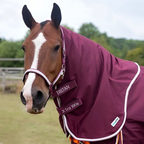 Maroon gallop trojan xtra duraproof 100g neck cover with white trim and adjustable 5-point straps for horses