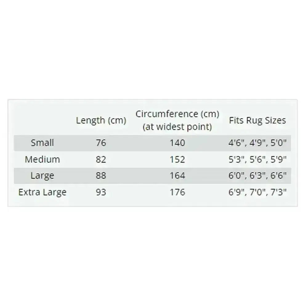 A table showing rug size specs for gallop trojan xtra neck cover with length, circumference, and compatible sizes