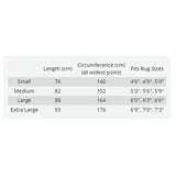 A table showing rug size specs for gallop trojan xtra neck cover with length, circumference, and compatible sizes