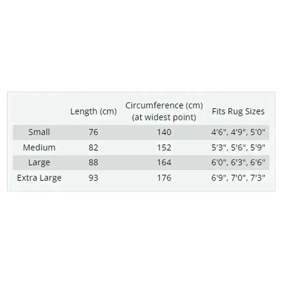 A table showing rug size specs with length circumference and compatible sizes for gallop trojan xtra 50g turnout rug